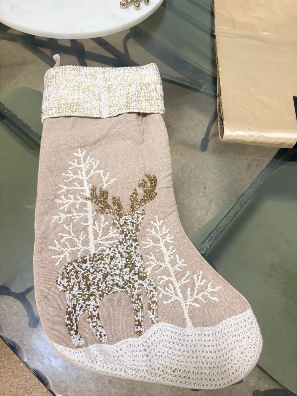 Tahari Beige and Gold Reindeer Holiday Stocking